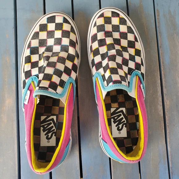 VANS Checkerboard Slip-On Black White Pink Blue Yellow Women's Size 6 - Picture 7 of 10